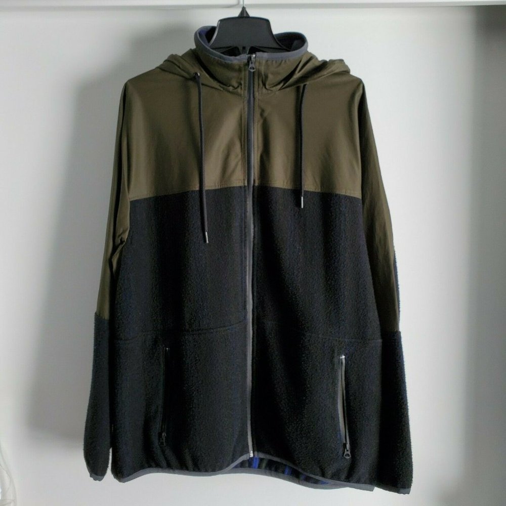 VINCE Olive Green Black Mixed Media Hooded Coat